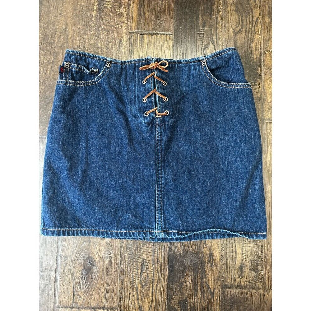 Z Cavaricci Denim Jean Mini Skirt Leather Lace Up Tie SZ 3 Small Y2K Grunge 90's